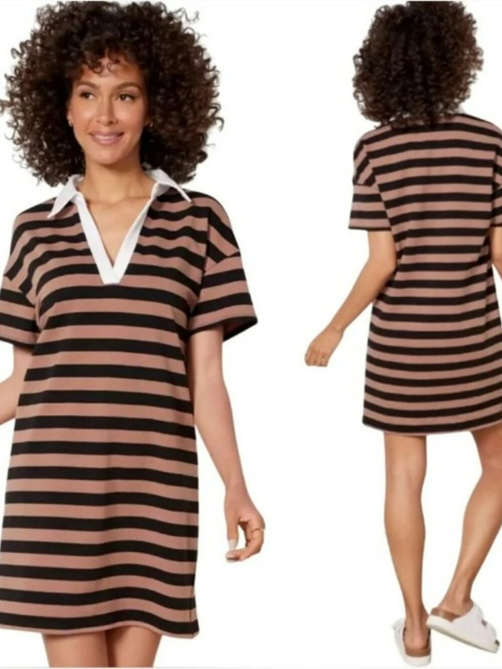 Evereve Nova‎ Polo Rugby Dress Short Sleeve Striped Black Dark Taupe Sz XS GUC
